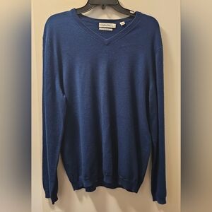 Calvin Klein Men's Extra Fine Merino Wool Deep Blue V-Neck Sweater - Size Large